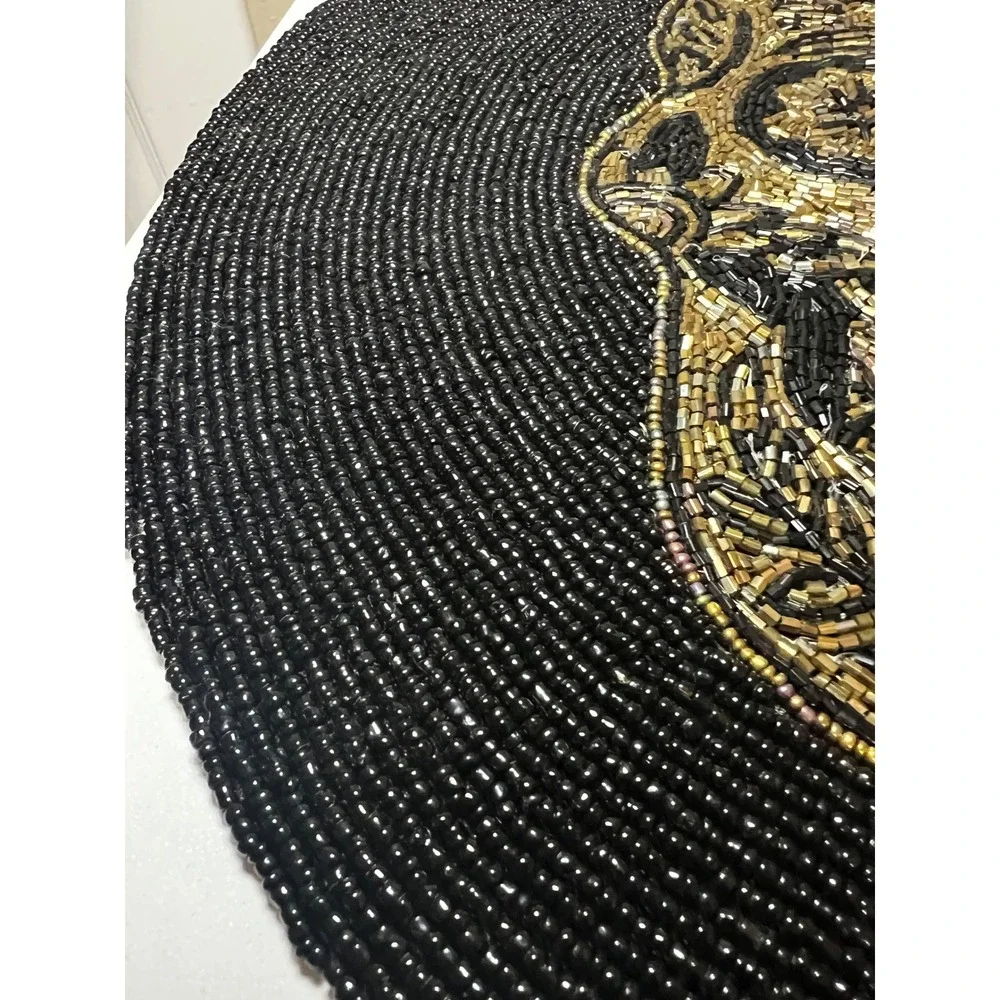 Tahari Home Skull Beaded Charger Placemats Set of 2 Black Gold 15in Gothic